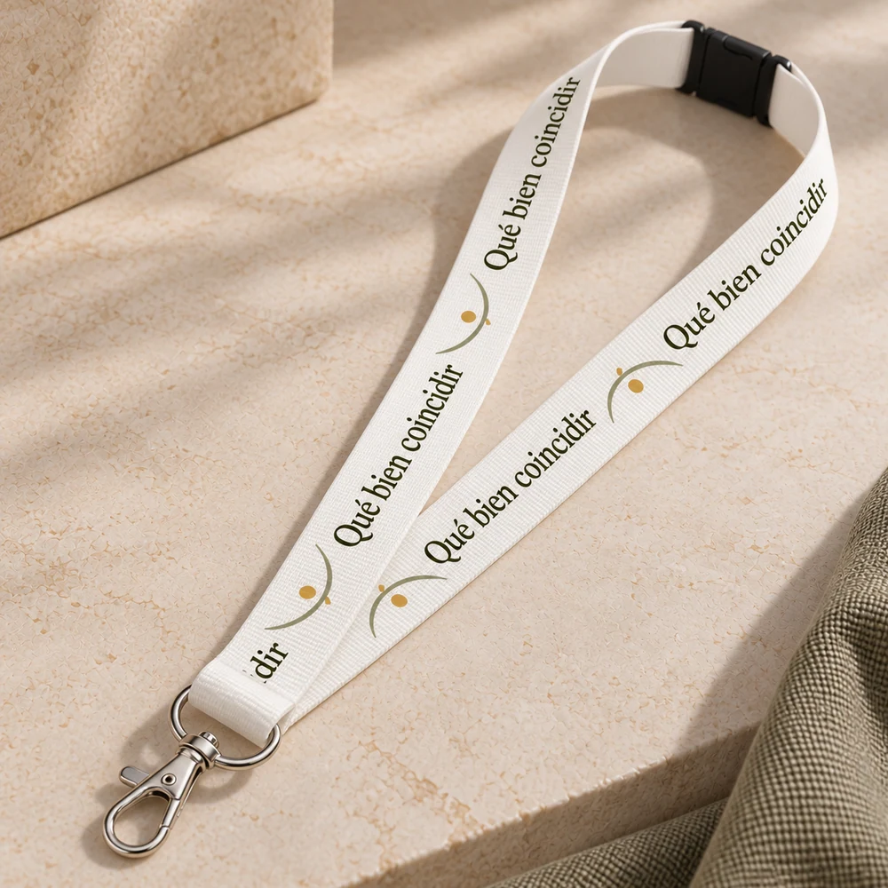 Lanyard Nexo en blanco, detalle de la personalización a color.