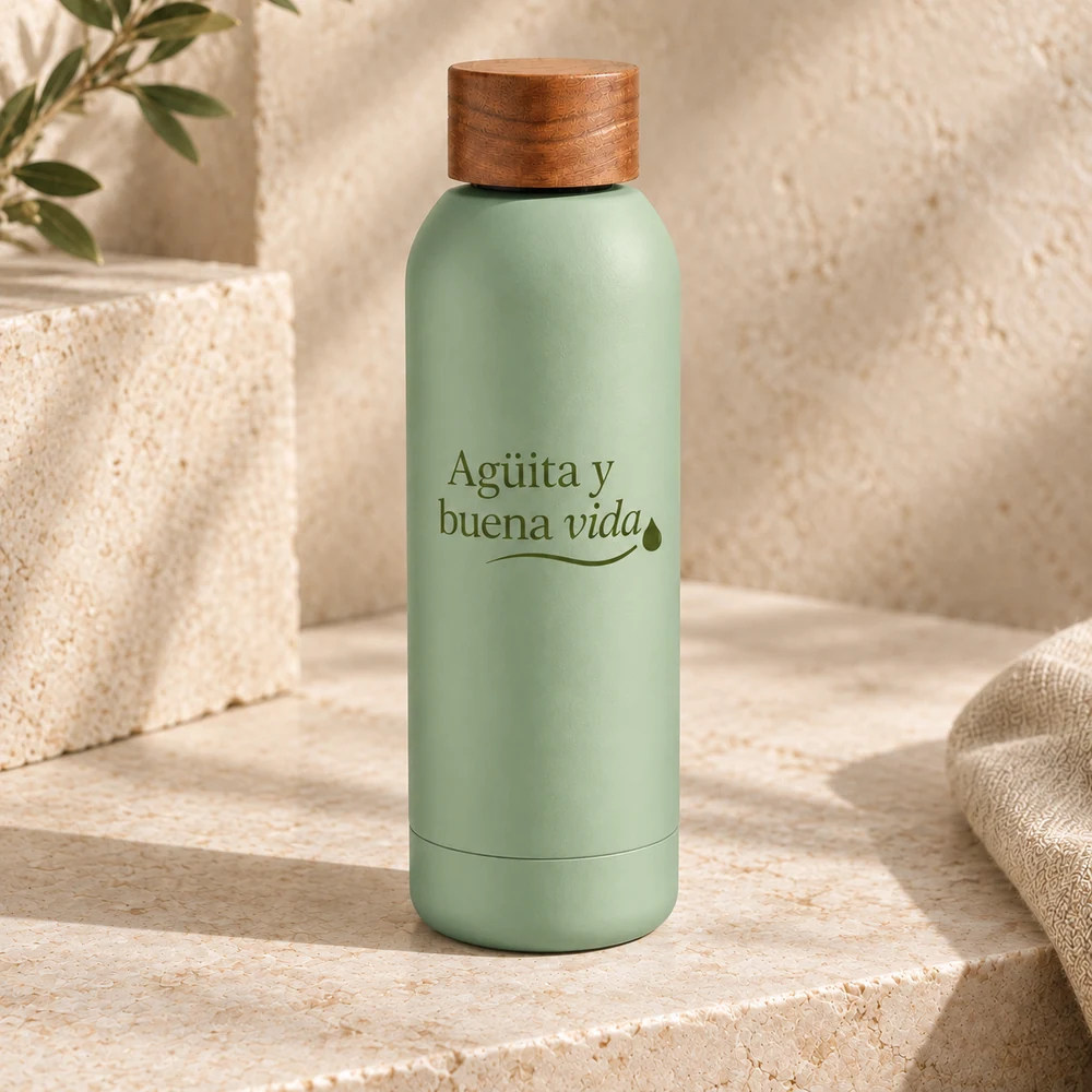 Botella Manantial en verde menta, detalle de la personalización a una tinta.