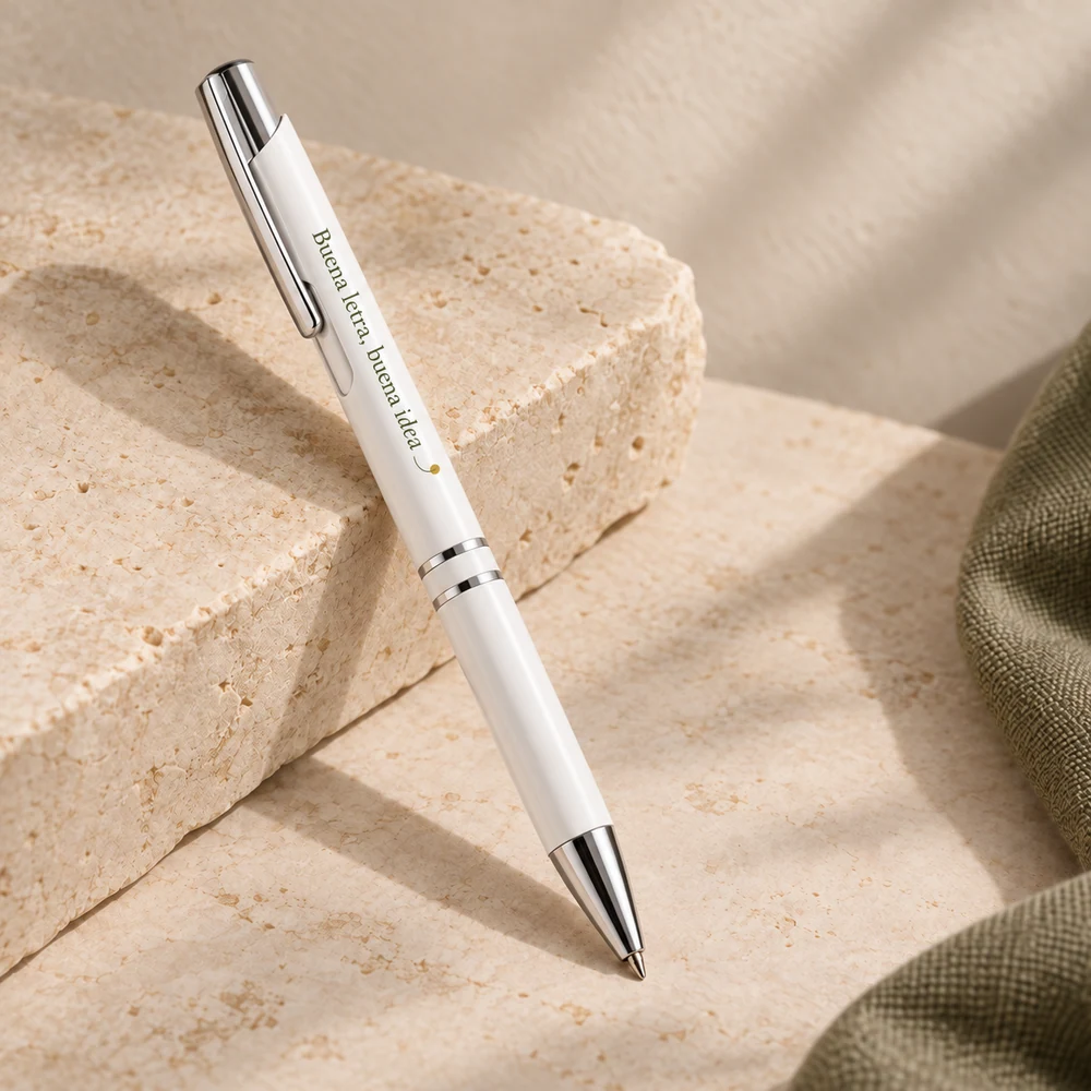 Bolígrafo Trazo en blanco, vista principal con personalización a color.