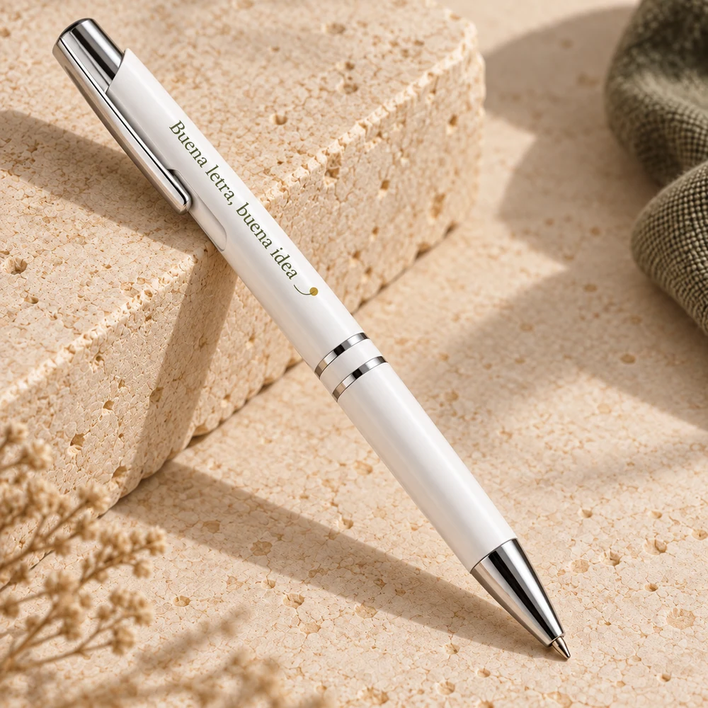 Bolígrafo Trazo en blanco, detalle de la personalización a color.