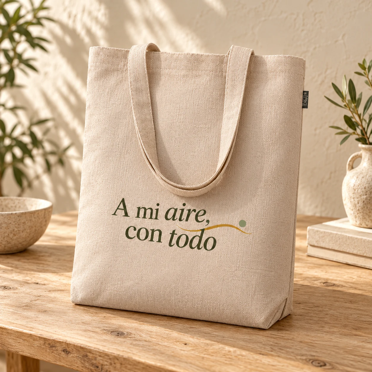 Tote Pradera en beige: detalle en color. Simulación de personalización.