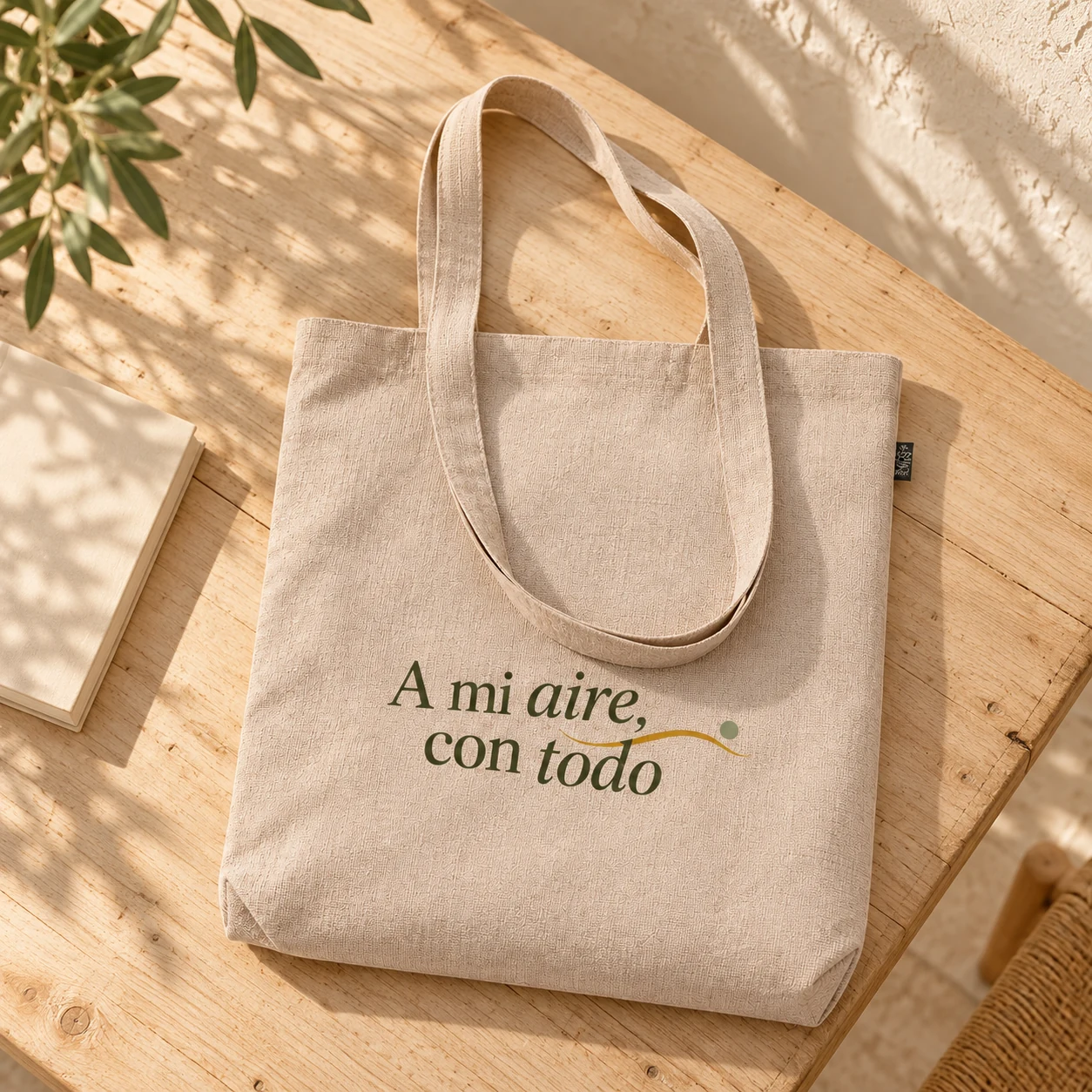 Tote Pradera en beige: ambiente en color. Simulación de personalización.