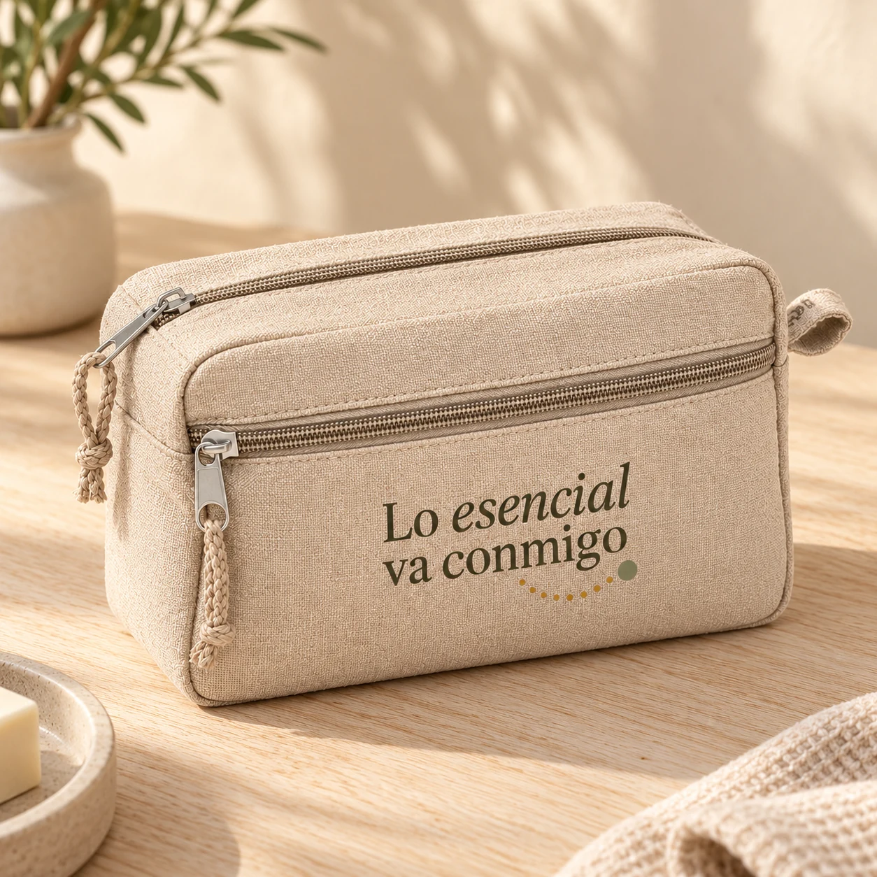Neceser Brezal en beige: detalle en color. Simulación de personalización.