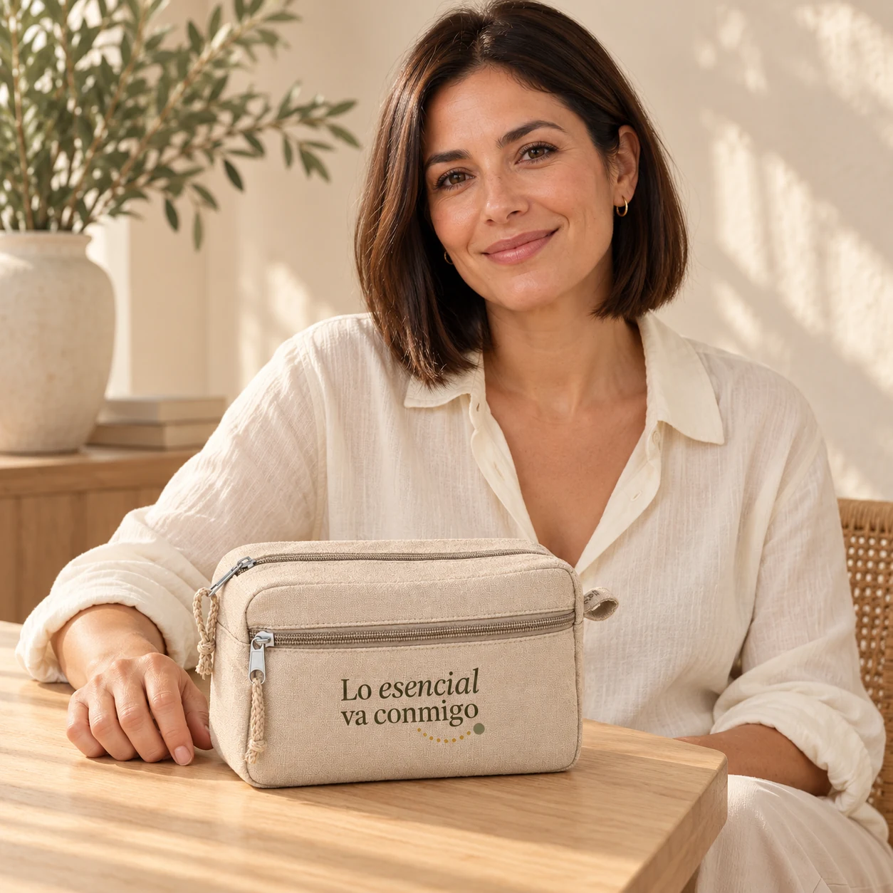 Neceser Brezal en beige: modelo en color. Simulación de personalización.