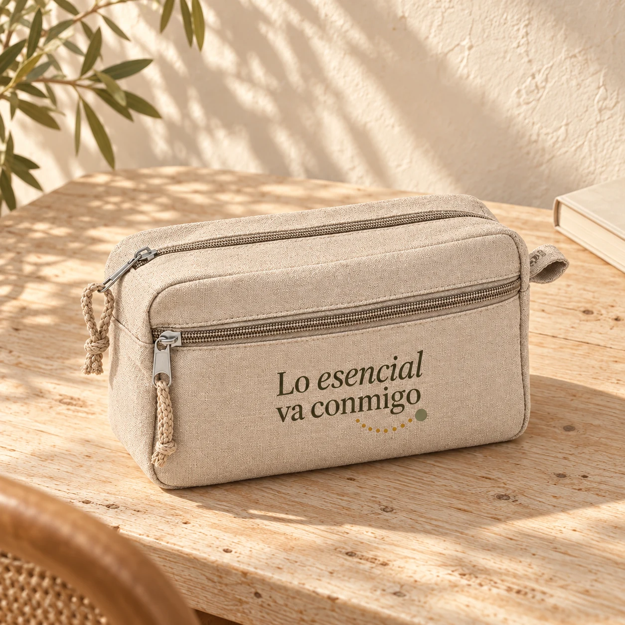 Neceser Brezal en beige: ambiente en color. Simulación de personalización.