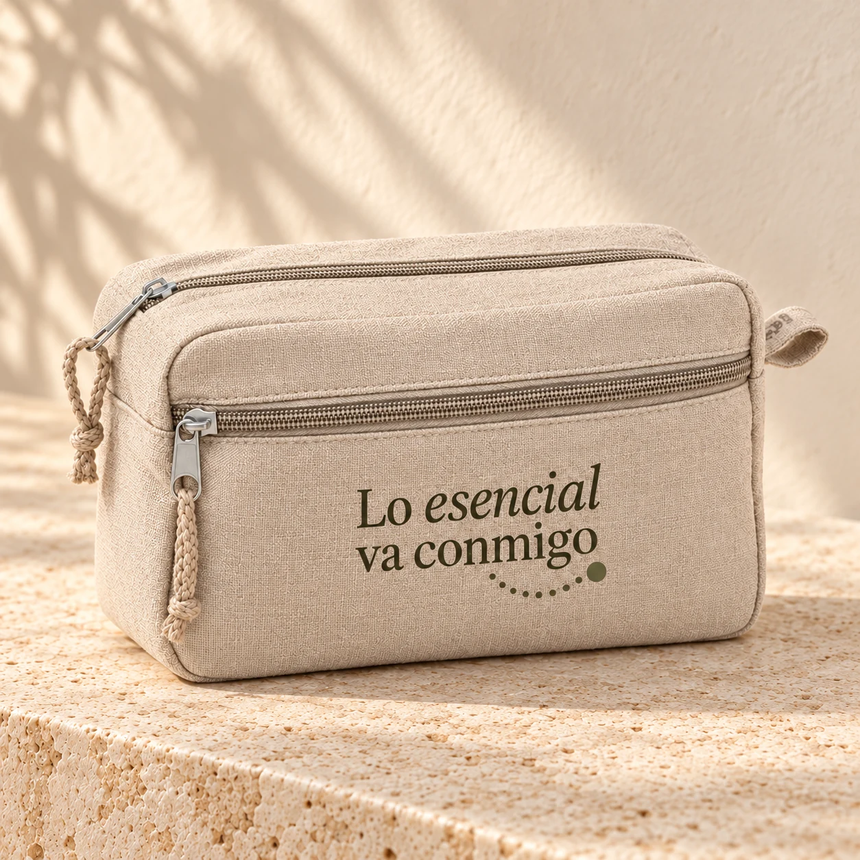 Neceser Brezal en beige: detalle del diseño monocromo. Simulación de personalización.