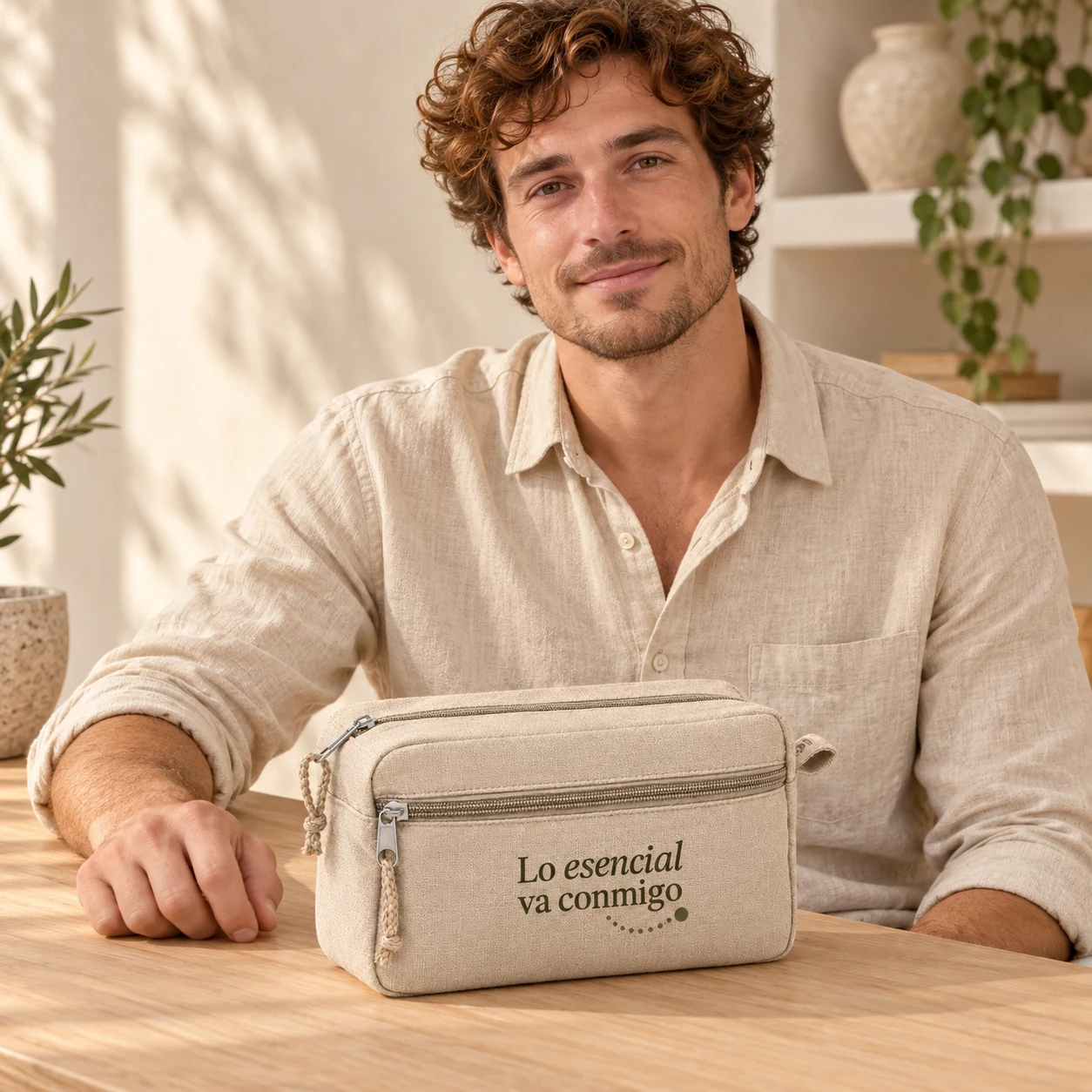 Neceser Brezal en beige: modelo con diseño monocromo. Simulación de personalización.