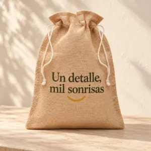 Bolsa Detalle en yute natural: vista principal en color. Simulación de personalización.