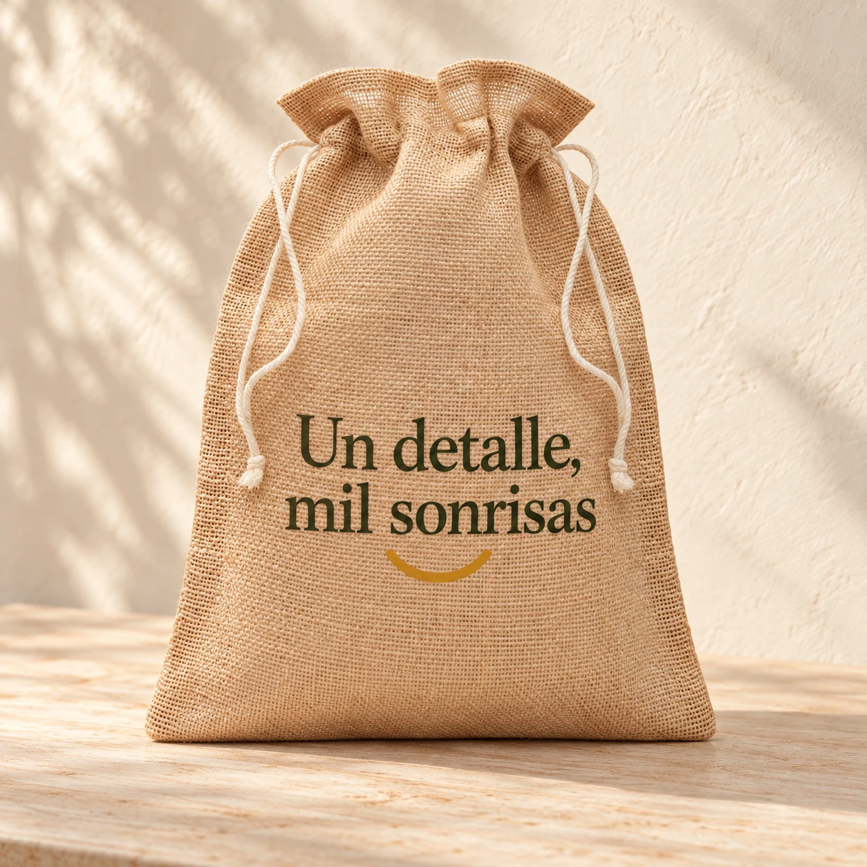 Bolsa Detalle en yute natural: vista principal en color. Simulación de personalización.