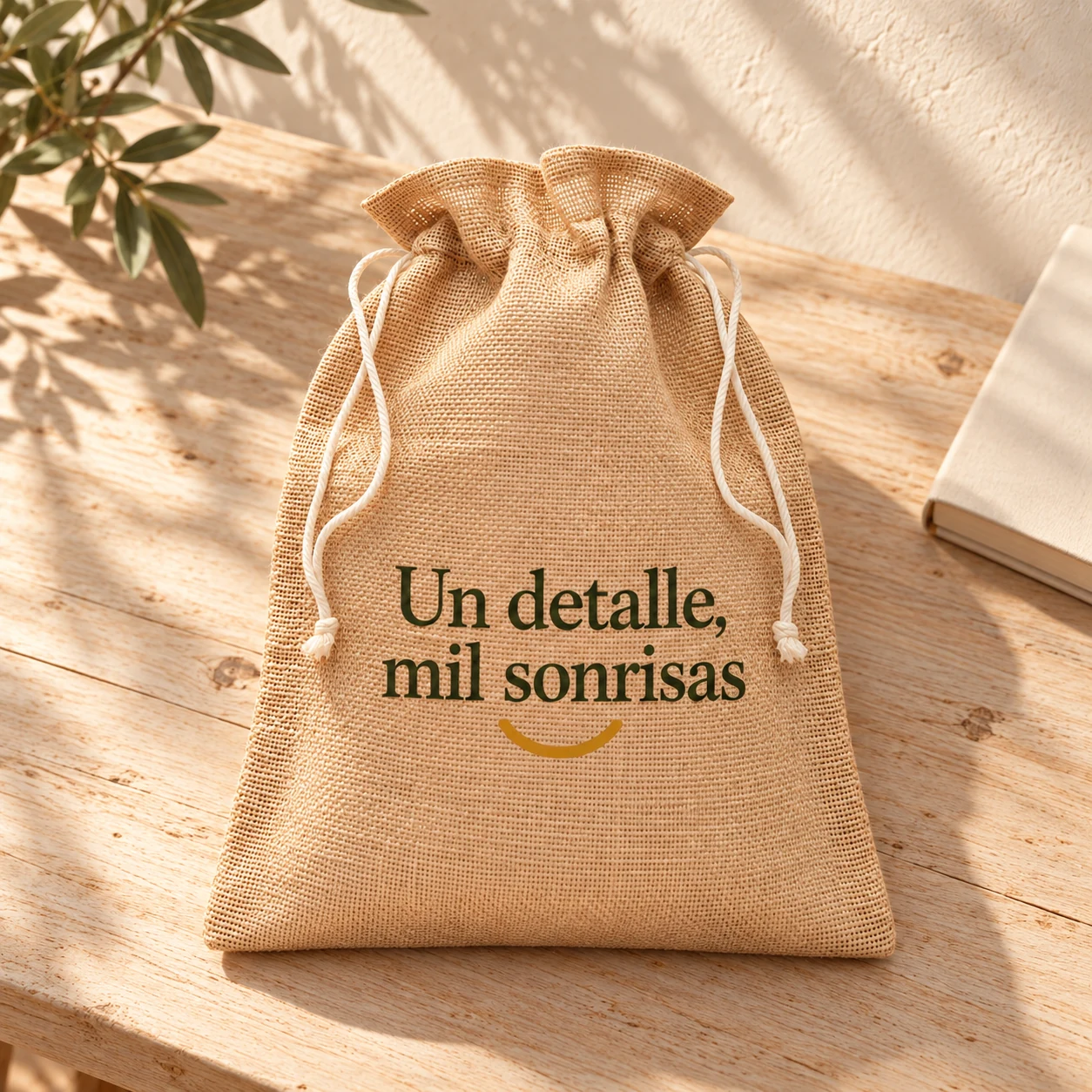 Bolsa Detalle en yute natural: ambiente en color. Simulación de personalización.
