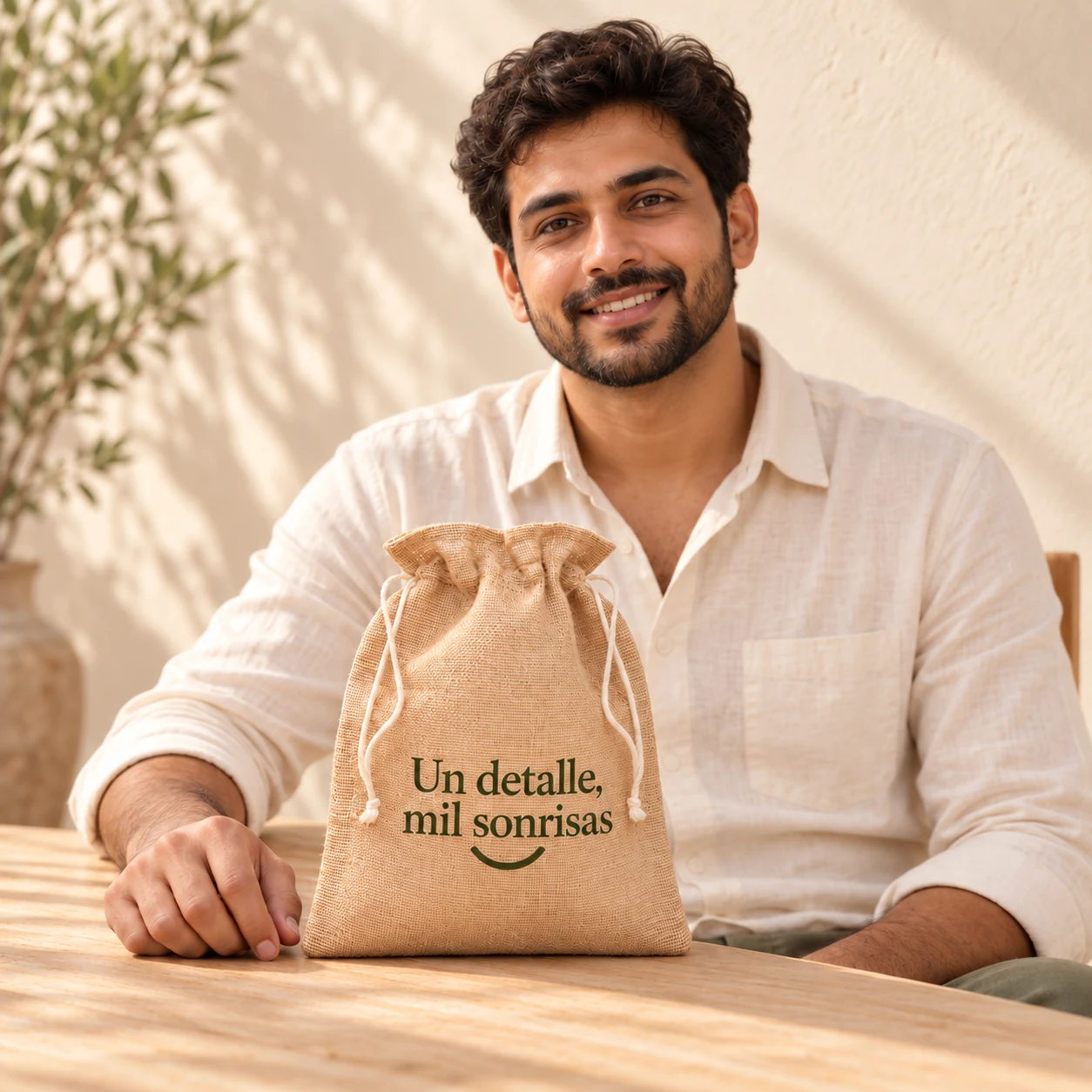 Bolsa Detalle en yute natural: modelo con diseño monocromo. Simulación de personalización.