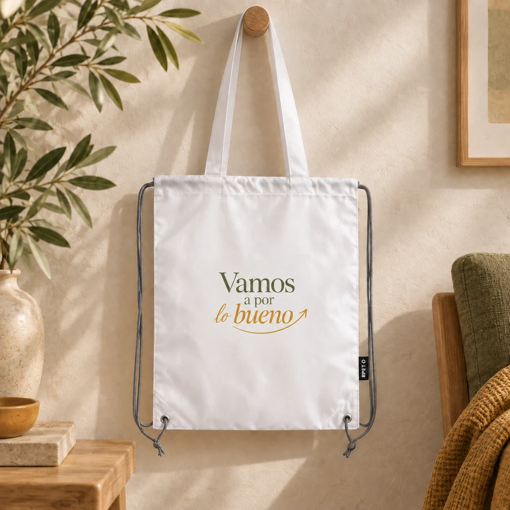 Bolsa Impulso en blanco, vista principal con diseño «Vamos a por lo bueno» en color.