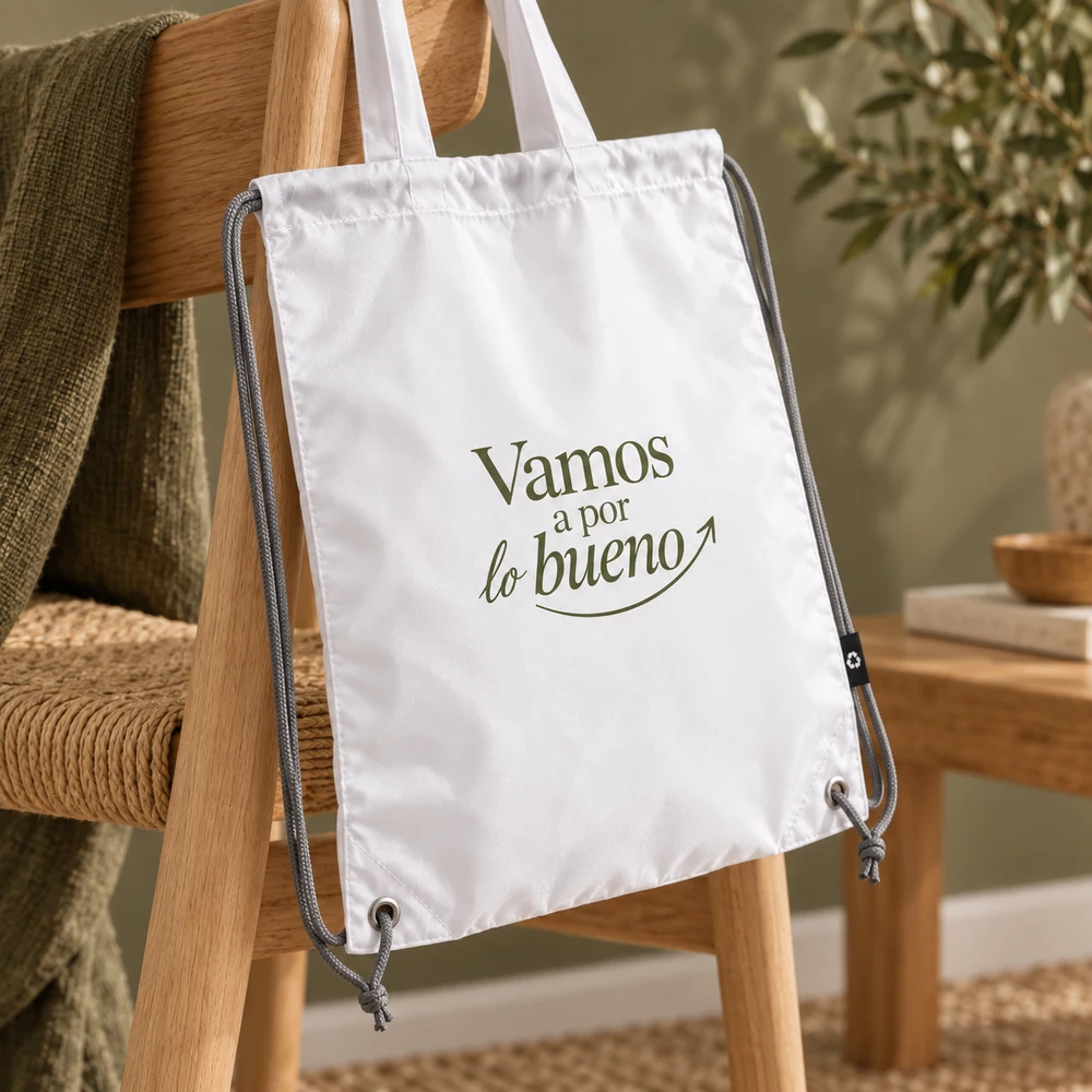 Bolsa Impulso blanca colgada de una silla de madera, con el diseño «Vamos a por lo bueno» a una tinta oliva.
