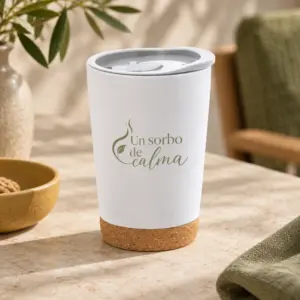 Vaso Pausa en blanco, vista principal con personalización a una tinta.