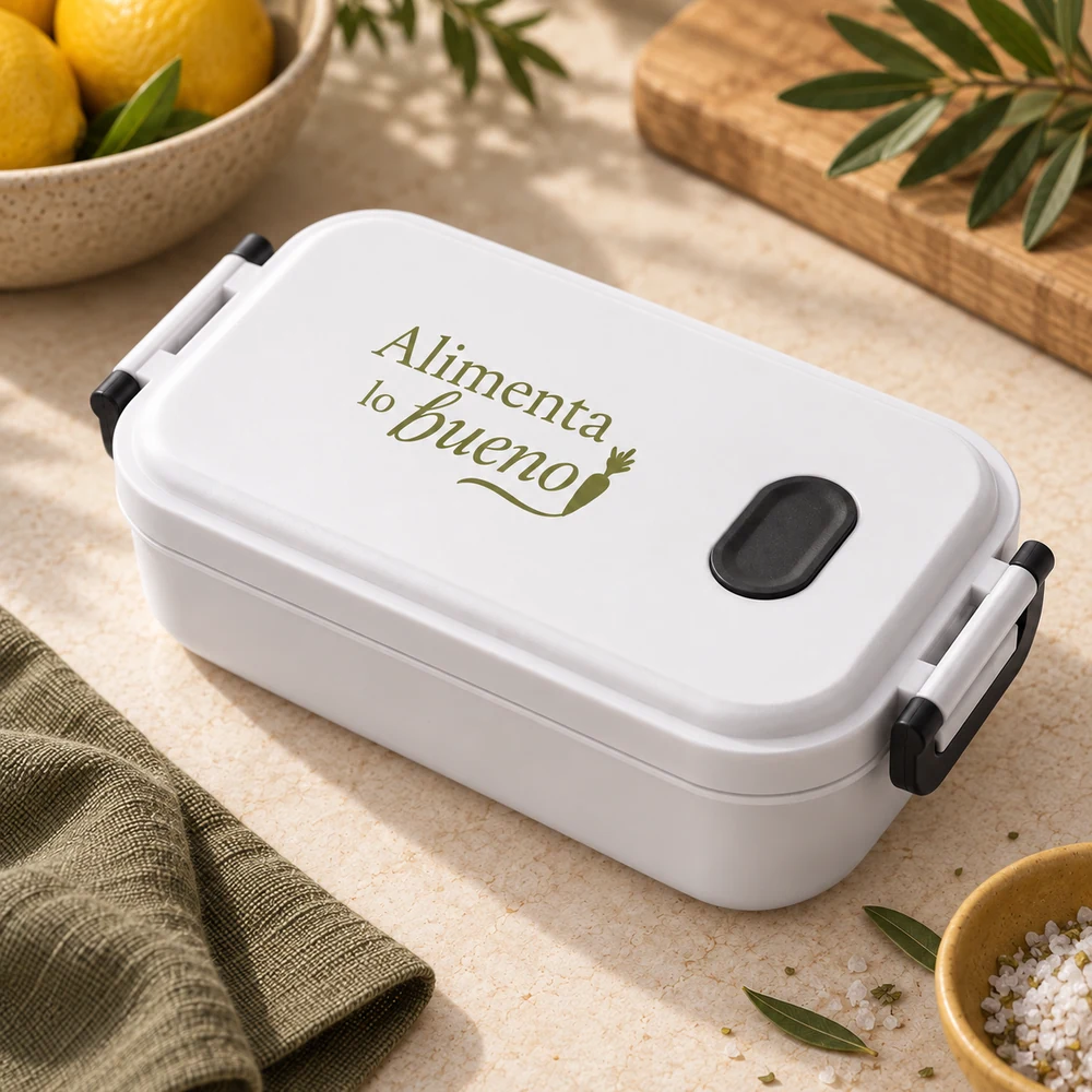 Fiambrera Mesa en blanco, detalle de la personalización a una tinta.