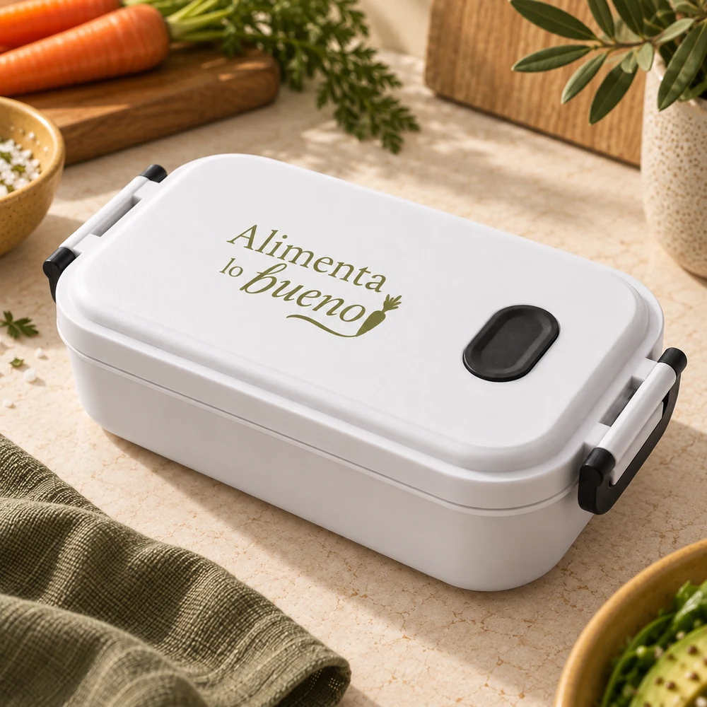 Fiambrera Mesa en blanco, detalle de la personalización a una tinta.