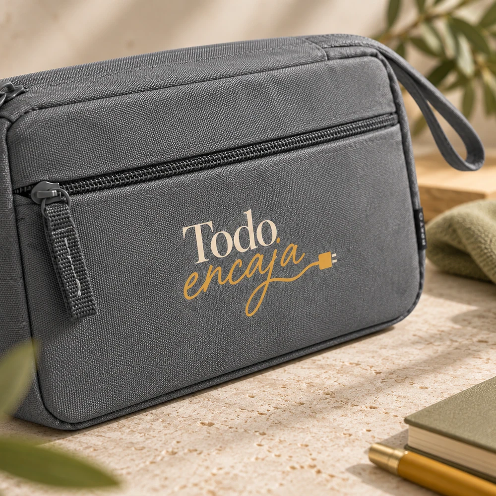 Organizador Punto en gris, detalle de la personalización a color.