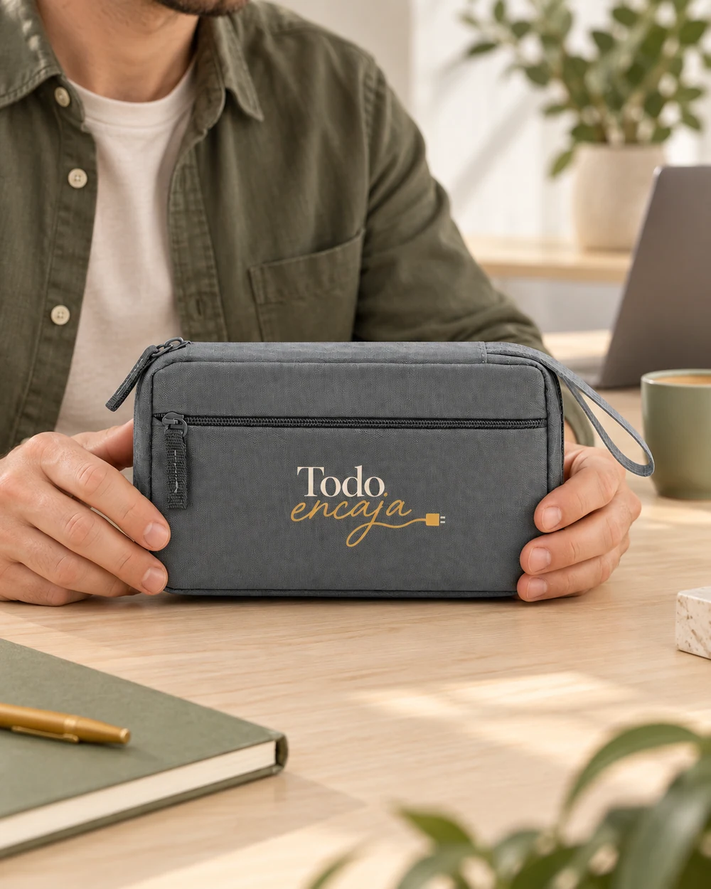 Organizador Punto en gris, en uso con personalización a color.