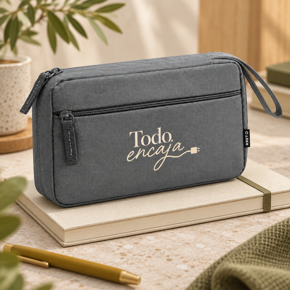 Organizador Punto en gris, detalle de la personalización a una tinta.