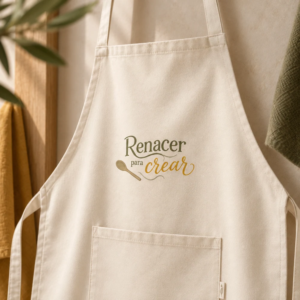 Delantal Renacer en beige, detalle de la personalización a color.