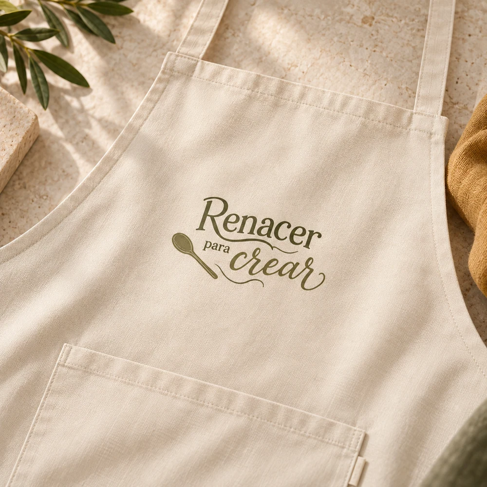 Delantal Renacer en beige, detalle de la personalización a una tinta.