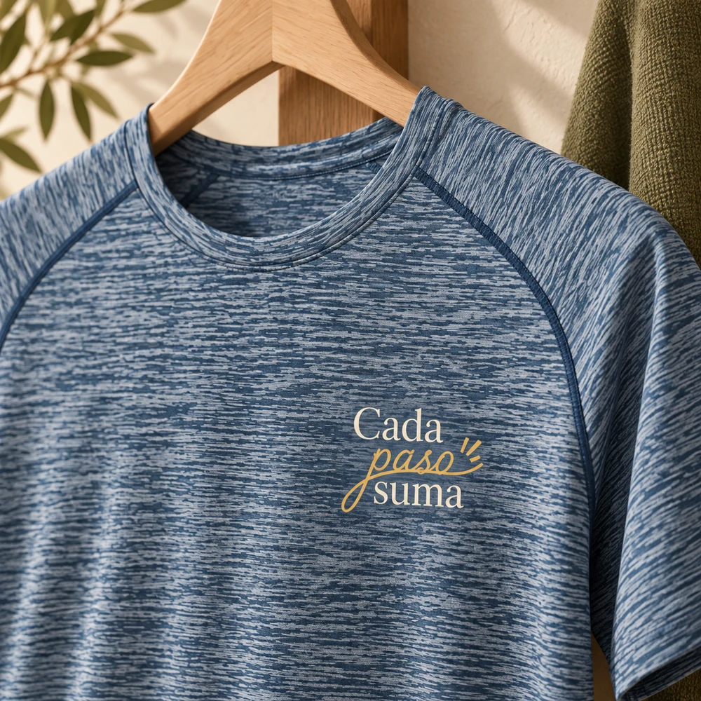 Camiseta Avance en marino, detalle de la personalización a color.