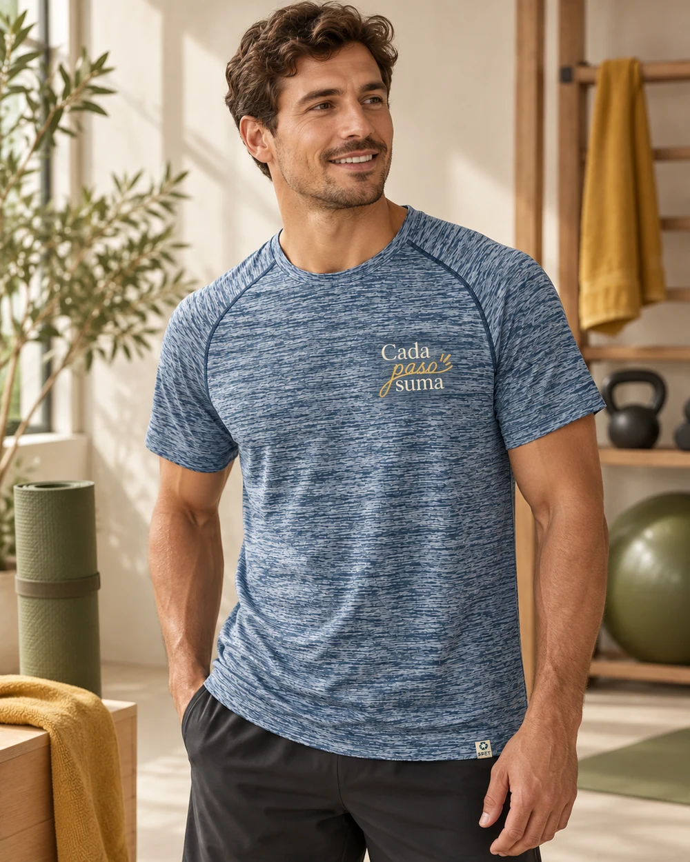 Camiseta Avance en marino, en un ambiente de uso con personalización a color.