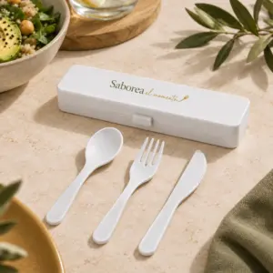 Cubiertos Sabor en blanco, vista principal con personalización a color.