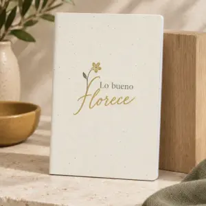 Libreta Florecer blanca con cubiertas de papel con semillas, vista principal con personalización a color.