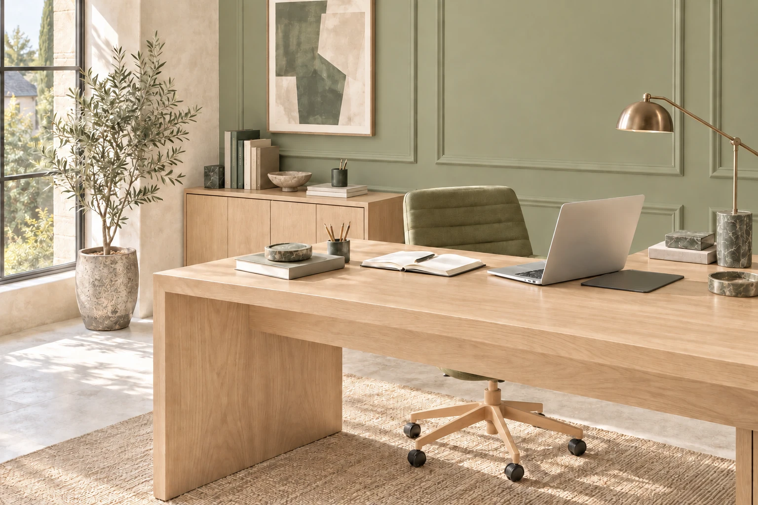 Oficina luminosa con escritorio de madera clara, portátil y silla oliva con base de madera, en tonos piedra y verde suave.