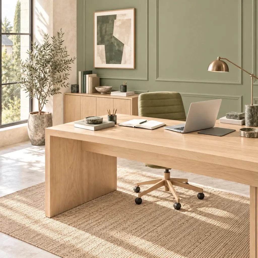 Oficina luminosa con escritorio de madera clara, portátil y silla oliva con base de madera, junto a una pared en tonos piedra y verde suave.