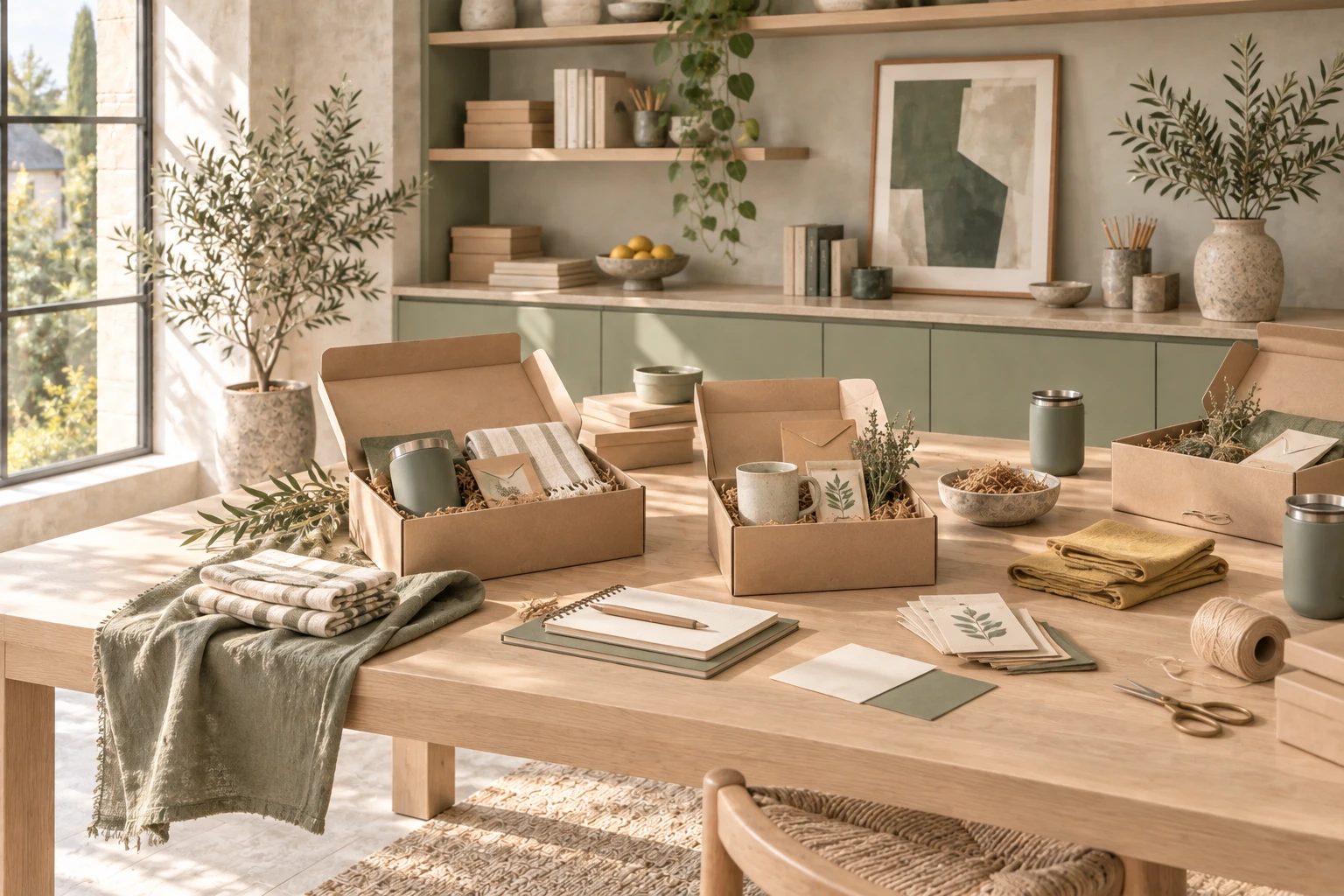 Mesa de madera clara con varias cajas de bienvenida abiertas, libretas, tazas y pequeños accesorios.