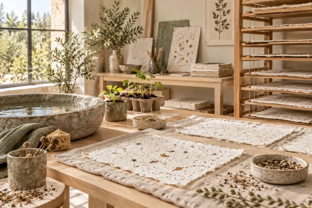 Taller de papel con hojas de fibras y semillas, bastidores de secado y brotes junto a una ventana.