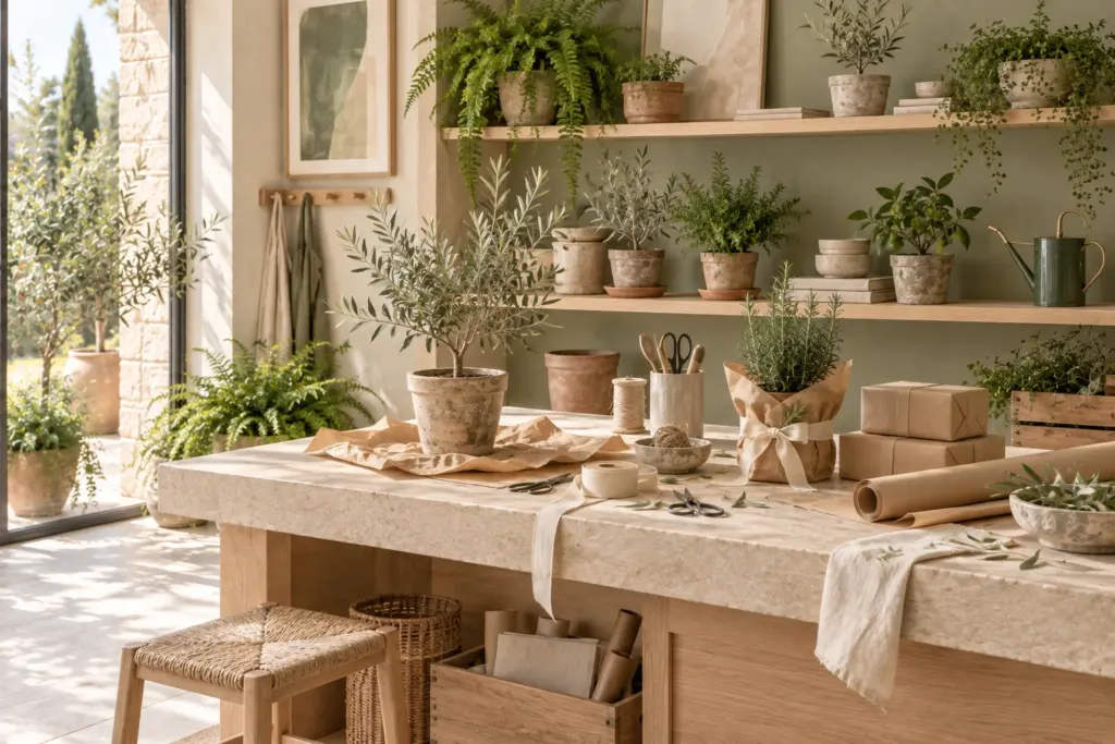 Taller luminoso con plantas de distintos tamaños, papeles y cajas para preparar regalos vegetales.