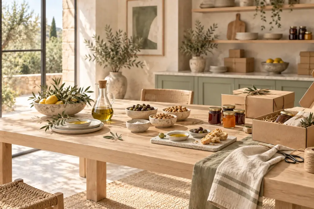Mesa de madera clara con pequeños tarros, alimentos, cerámica y cajas para preparar regalos gastronómicos.