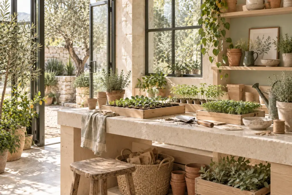 Taller de siembra luminoso con mesa de piedra, bandejas de brotes, macetas y semillas junto a una ventana.
