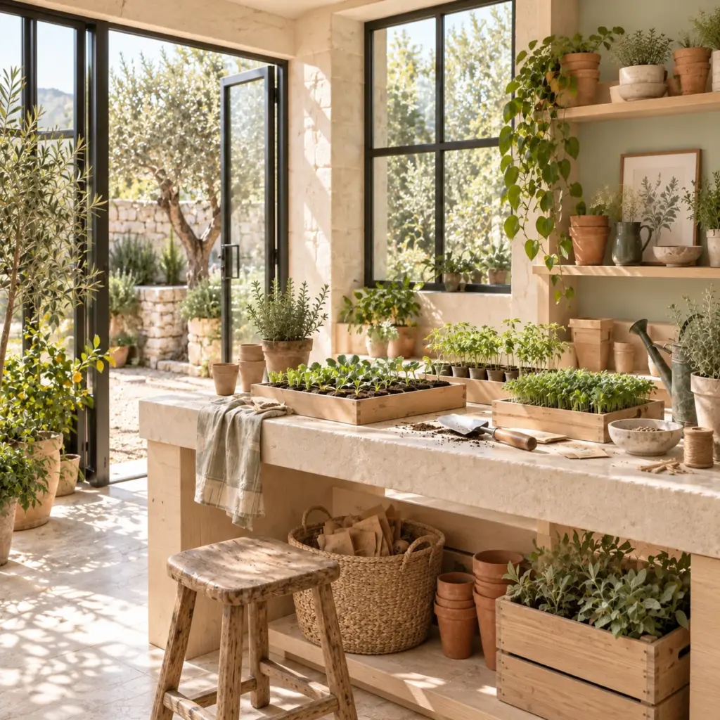 Taller de siembra luminoso con mesa de piedra, bandejas de brotes, macetas y semillas junto a una ventana.
