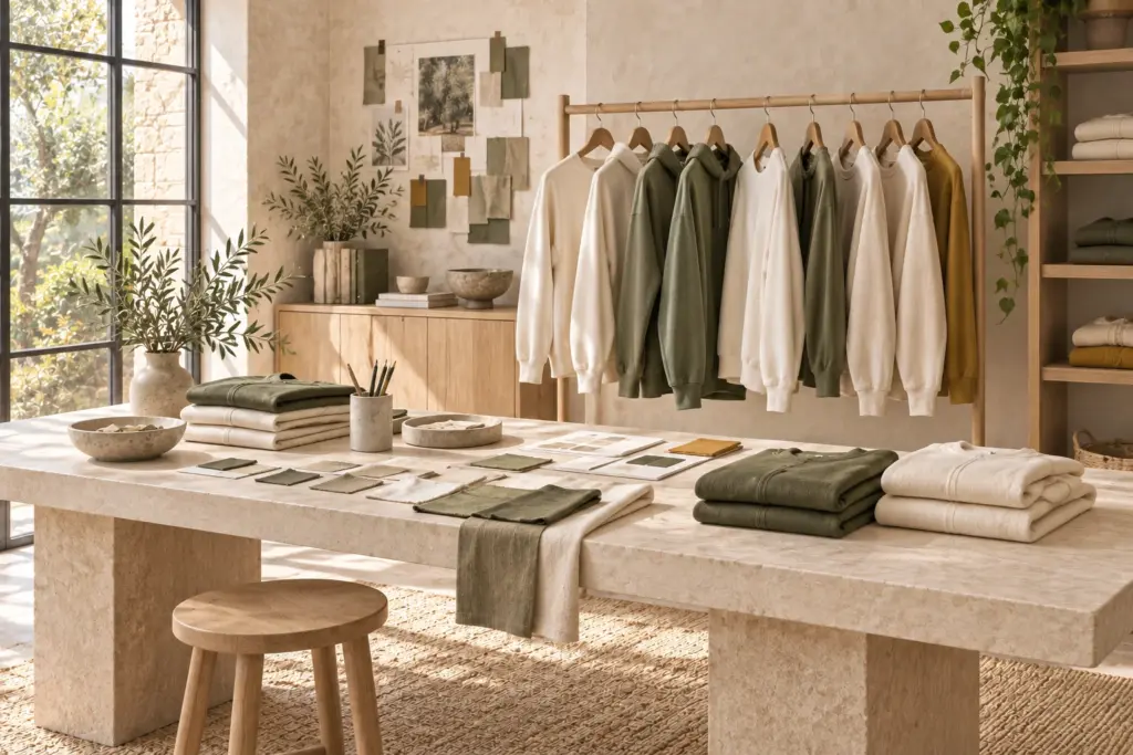 Taller de prendas con sudaderas crema y oliva, tejidos doblados y muestras sobre una mesa de piedra clara.