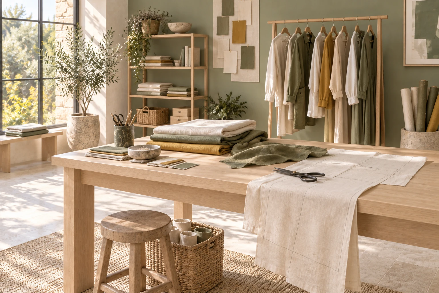 Taller textil con prendas crema y oliva en un perchero de madera, tejidos y herramientas sobre una mesa de piedra.