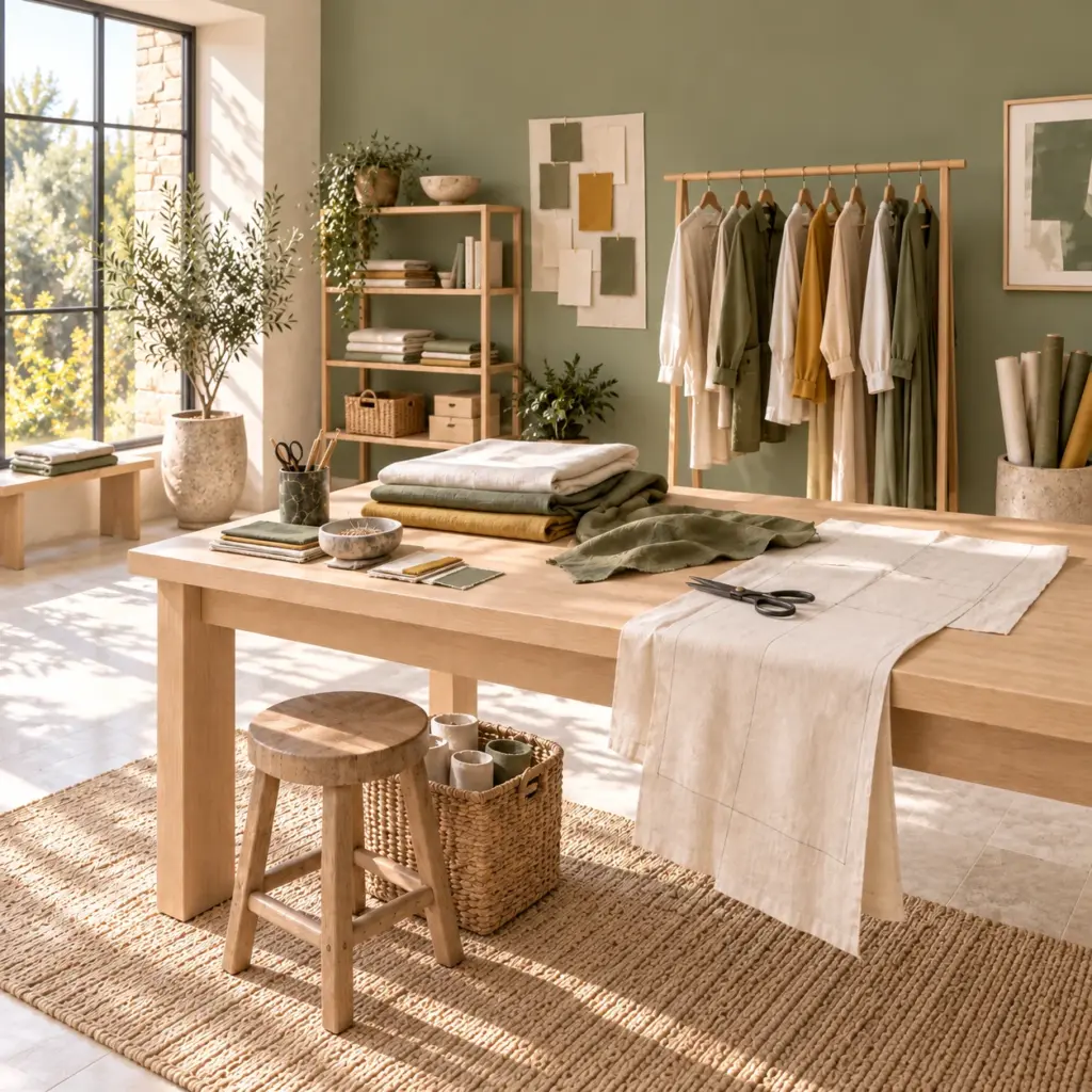 Taller textil con prendas crema y oliva en un perchero de madera, tejidos y herramientas sobre una mesa de piedra.