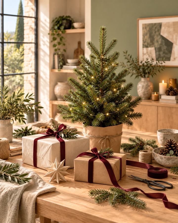 Pequeño abeto con luces cálidas y regalos envueltos en papel con lazos burdeos sobre una mesa de madera clara.